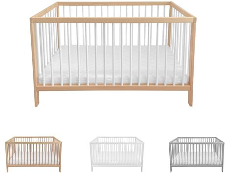 Lantigo Babybett 120x60 cm Naturbelassen & Weiß Gitterbett Buchenholz Massivholz Kinderbett mit Lattenrost höhenverstellbar 9 Stufen für Neugeborene und Kleinkinder, ohne Matratze