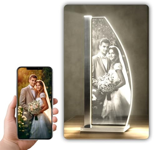 Luverre LED FOTO-Tischlampe | personalisierbare Nachttischlampe | Geschenk für Mama, Papa, Oma und Opa | Fotogeschenk mit eigenem Bild | Glasfoto (Segel | silber, 1 Foto)