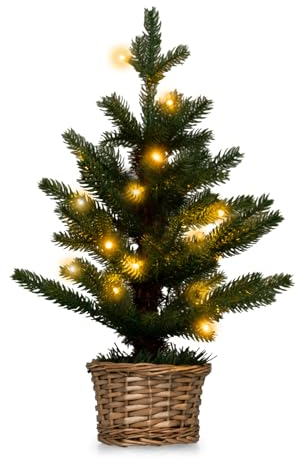 GYMAX 48cm künstlicher Weihnachtsbaum, Kleiner Weihnachtsbaum mit 20 warmweißen LED Lichtern, Tisch Weihnachtsbaum mit 96 Zweige, Tannenbaum, Mini Weihnachtsbaum mit Timer & Weidenholztopf