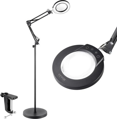 VEVOR 3 en 1 Lámpara de Aumento Fluorescente 5X de Pie, Lupa de Pie con Luz de 5 Modos de Color Lupa de Pie Ajustable en Altura con Luz, Brazo Flexible, Regulación Continua para Lectura y Manualidad
