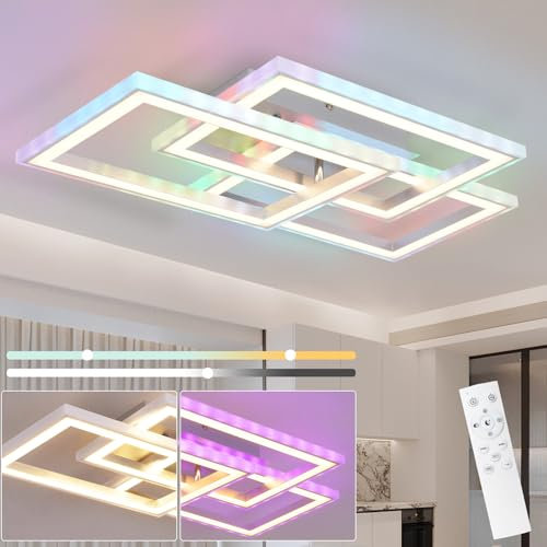 Homefire Deckenleuchte LED Deckenlampe Schlafzimmer - Wohnzimmerlampe Dimmbar mit Fernbedienung Schlafzimmerlampe Modern Design 45W RGB Farbwechsel Küchenlampe Eckig Deckenleuchten für Esszimmer Küche