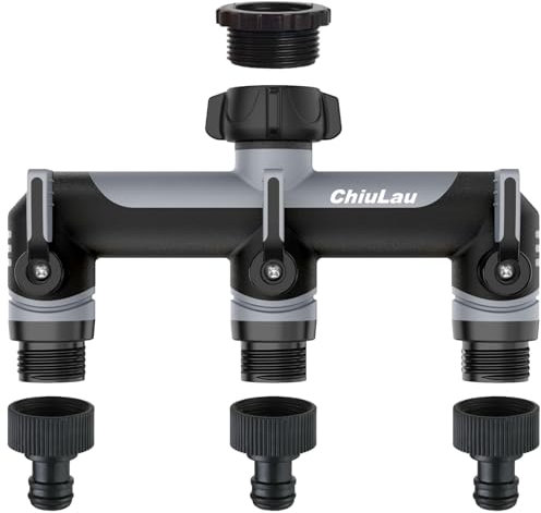 ChiuLau 3-Wege-Verteiler, Für 1/2 und 3/4 Wasserhähne, Universalverbinder, Wasser-Verteiler für Gartenschlauch Bewässerungscomputern & -Uhren, Wasserdurchfluss regulier- und absperrbar(Grau)