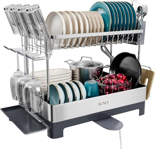 SUNLY dish drainer rack, 2 Tier Dish Drying Rack, draining board rack, 304 Stainless Steel dish drainer, Anti-Slip, High Safety Performance, Extendable Drain Spout, Gray