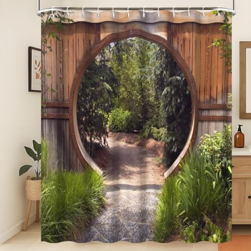 Xiaoterna Rideau de Douche Jardin Japonais Scène de Nature printanière Rideau de Salle de Bain Porte Rustique en Bois en Forme de Cercle Chemin d'accès Arbre Vert Rideau de Douche Lavable 180x180cm