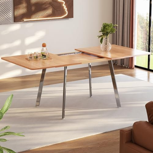 ModernLuxe Moderner Ausziehbarer Esstisch 140-180 cm in natürlicher Holzfarbe,Tisch mit silbernen verschromten Metallbeinen, hochfeste Legierungsstütze erweiterbar, für Esszimmer und Wohnzimmer