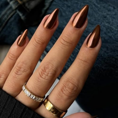 KQueenest Chrome Bronze Brown Press on Nails Almond Medium Glitter Metallic False Nails Medium, Luxury Design Acrylic Fake Nails Set with Bling Mirror Effect Stick on Nail for Women 24 Pcs