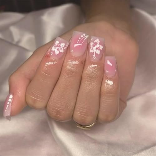 GlamRays 24 Stück Farbverlauf Französische Spitzen Aufkleber Nägel Kurze Quadratische Falsche Nägel mit Design Weiße Blumen Kleben Nägel Ombre Aufkleber Nägel