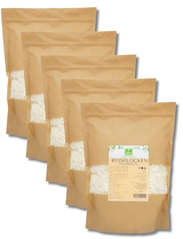 Reisflocken 5kg Reisbrei weiß zartschmelzend Reis Flocken von Green Essence | Reisflocke zum Frühstück, Müsli und Backen, also für hunde, für Reisbrei und Pudding, Vegan, Reis Gemüseflocken 5x 1kg