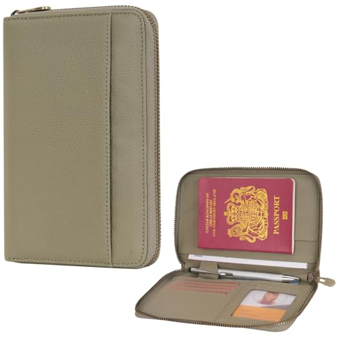 WASON Leder Reisepass Brieftasche mit Reißverschluss RFID Blocker Schutzhülle, Passport Etui mit Fächern für Karten, Bargeld, Ausweis, Bordkarte und Tickets für Reisen (Grün)