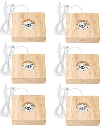 GOEDCH 6 Stück LED Lichtsockel: 8×8×2cm LED Sockel, DIY LE D Holzsockel mit Warmweißem Licht, Helligkeitsregelung und USB-Anschluss für Kristallkugeln, Glasblöcke, Schmuck, Acrylplatten, Harzfiguren