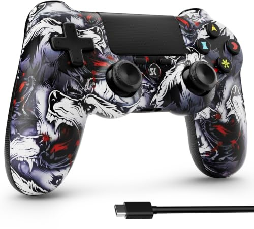 ISHAKO Controller für PS4/ProSlim, Totenkopf-Flammen Graffiti Muster | Integriertem Lautsprecher, 3,5mm Audiobuchse, 6-Achsen-Bewegungssensor, Doppelvibration