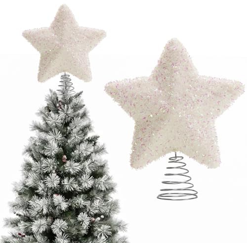 20cm Sparkly Tinsel Christmas Tree Topper Star, Tinsel Tree Top Star Christmas Stars Topper Luxury Xmas Decoration Shiny Christmas Ornament for Xmas Tree Holiday Party Festive Home Decor (White Pink)