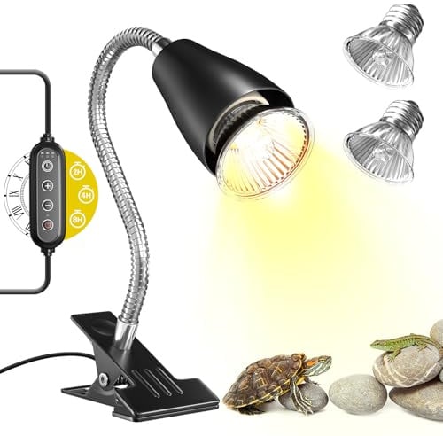 GlowUp Tortoise Heat Lamp with Cycle Timer,360° Rotatable Reptile Heat Lamp with 2Pack 50W UVA/B Heat Bulb,4 Level Brightness Basking Light Fixture with Clamp for Turtle,Lizard,Bearded Dragon,Chick