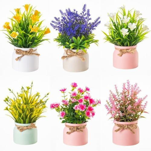 Juego de 6 flores artificiales en maceta, mini plantas artificiales con arreglos florales de plástico coloridos en macetas decorativas para sala de estar, dormitorio, cocina, centros de mesa de