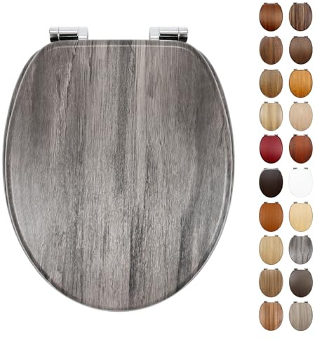 Grey Wooden Toilet Seat with Adjustable Solid Soft Close Zinc Alloy Hinges, MDF Wood Oval Toilet Seat with Bottom Fixings, Easy to Clean and Install- 18 Inch (BLG210-1)