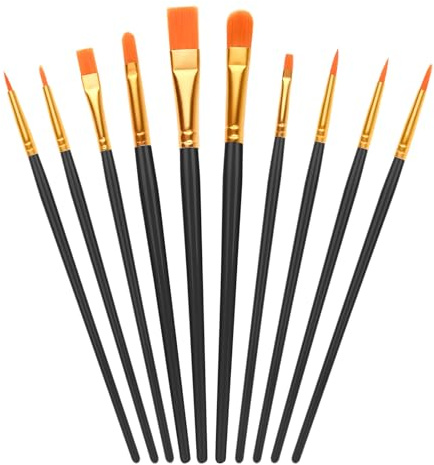 10-Piece Nylon Hair Paint Brush Set, Art Flat Brushes for Face Nail Art, Kids Painting with Watercolor Oil Acrylic, Decorations Models Figurines - Black