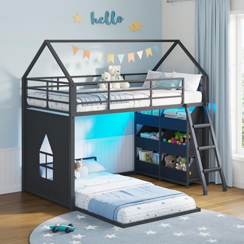 Hasuit Low Bunk Bed Twin Over Twin with 6 Toy Storage Drawers, LED Lights, Floor Bunk Beds with Privacy curtain, House Bunk Bed with Ladder and Guardrail, Metal L Shaped Twin Bunk Beds for Kids, Black