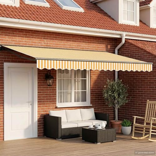 Tenda da sole elettrica estensibile da 5 x 3 metri, con design a mezza cassetta, telaio in alluminio e tessuto in poliestere, con telecomando e manovella manuale per un facile utilizzo