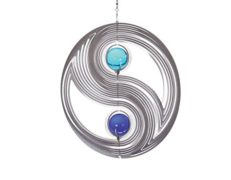 Illumino Edelstahl Windspiel Yin Yang mit 35 mm Glaskugeln - Türkis & Kobaltblau, Windspiele für draußen hängend, Gartendeko für draußen, Fensterdeko hängend