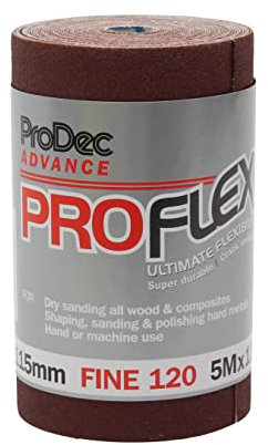 ProDec Advance 5-m-Rolle, Körnung 120, feine, ProFlex, ultraflexibles, rissbeständiges Aluminiumoxid-Schleifpapier zum Schleifen von Holz, Farbe, Putz, Spachtelmasse, Metall und mehr