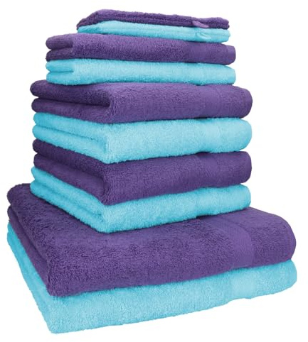 Betz 10-TLG. Handtuch-Set Premium 100% Baumwolle 2 Duschtücher 4 Handtücher 2 Gästetücher 2 Waschhandschuhe Farbe Lila & Türkis