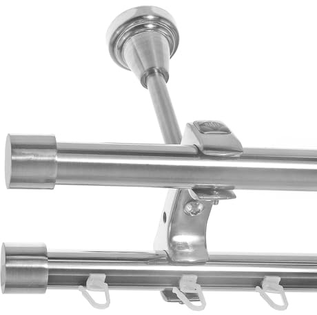 BASIT Gardinenstange Innenlauf Edelstahllook 20mm 2-läufig Decke 280cm D61 | Gardinenstangenset doppelläufig Deckenmontage Metall Vorhangstange Deckenhalterung 120-600cm wählbar Kappe E30