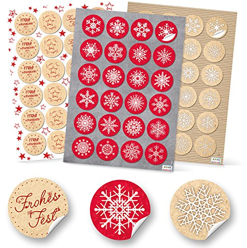 Logbuch-Verlag 2 x 72 Weihnachten Aufkleber Set mit Frohes Fest Text rot beige natur Schneeflocken neutral 4 cm
