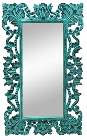 Oriental Galerie Vintage Wandspiegel Spiegel Rahmen Hängespiegel Holzrahmen Barock-Spiegel Shabby Chic Landhaus ca. 100 cm, Farbe:Türkis