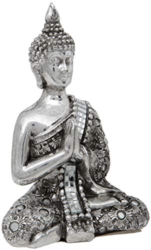 Thai-Buddha mit reflektierendem silberfarbenem Meditationstuch mit Händen, 13 cm, Silber
