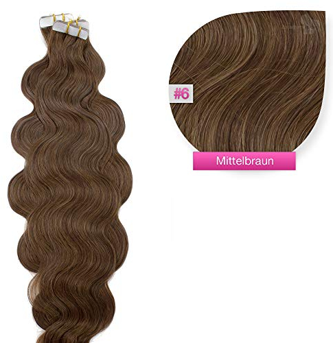 Tape in Extensions gewellt Extensions zum Einkleben 10 Strähnen 60cm wellig wave Haarverlängerung, Haarverdichtung Remy Human Hair Echthaarverlängerung - #06 Mittelbraun