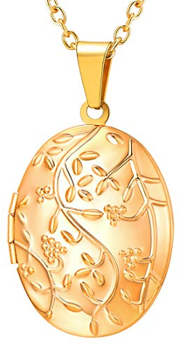U7 18k vergoldet Blumen Zweig Oval Medaillons für Damen Retro Medaillon zum Öffnen für Bilder Foto Halskette Anhänger Amulett Souvenir Freundschaftskette Kettenanhänger Mode Schmuck für Muttertag