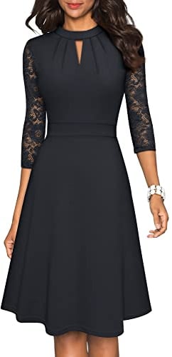 HOMEYEE Women's Elegant Hollow Out Lace Sleeve Swing Pleated Party Cocktail Dress A234 (L, Black)