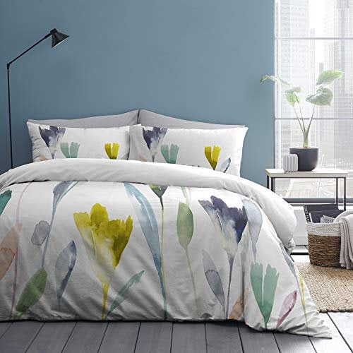 Appletree - Watercolour Floral Duvet Cover - Super King Bedding Size (260 x 220cm) - Soft 100% Cotton - White Duvet Cover with Flowers Painting - Botanical Reversible Design (Plain White Bedding)