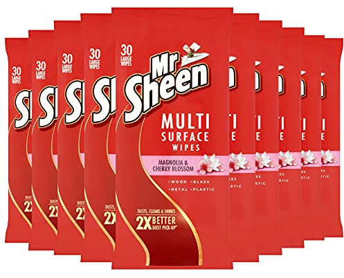 Mr Sheen Multi Surface Wipes, C,ean and Dust Wood, Glass Meta, and Plastic Surfaces, Scent: Magnolia and Cherry, Size: Pack of 10