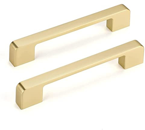 Lontan 10 Pack Square Drawer Handles - 160mm Brushed Gold Zinc Alloy Cupboard Handles for Kitchen Cabinet Doors