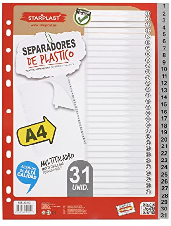 Starplast Packung mit 31 grauen Trennblättern für Aktenordner oder Mappen mit 2 bis 4 Ringen, numerisch 1-31, Polypropylenregister mit Mehrfachlochung, für Schule und Büro