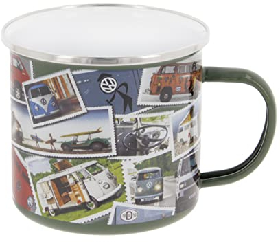 BRISA VW Collection - Volkswagen Große Emaille Kaffee-Tee-Tasse-Becher-Haferl für Camping & Outdoor T1-T3 Bus (500 ml/Stamps/Bunt)