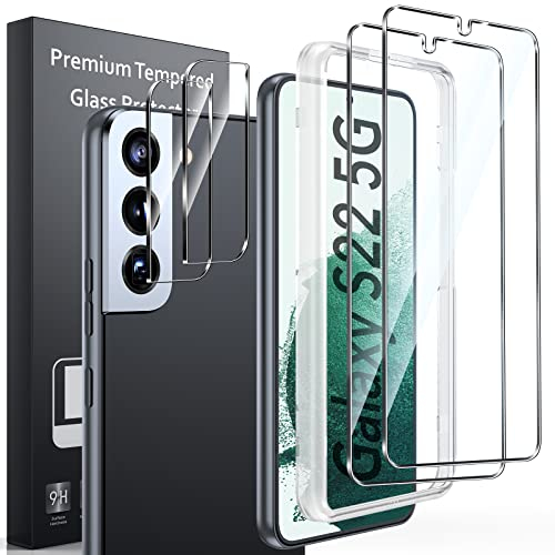 LK 2 Pack Protectors de Pantalla de Cristal Templado para Samsung Galaxy S22 5G con 2 Protectors de Lente de Cámara, Dureza 9H
