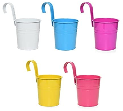 XZJMY Blumentöpfe zum Aufhängen, Metall, Eisen, Blumentopf, Metall-Eimer, Blumenhalter mit Haken, für Innen- und Außenbereich, Dekoration für Geländer, Zaun, Balkon, Garten, 5 Stück (Mehrfarbig A)