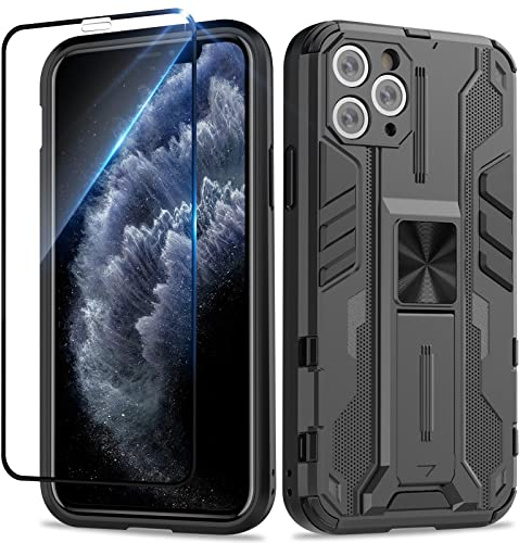 Btstring Case for iPhone 11 Pro Max 6.5-Inch, with Tempered Glass, Heavy Duty Shockproof Tough Armour Case with Kickstand Protective Silicone Phone Cover Black