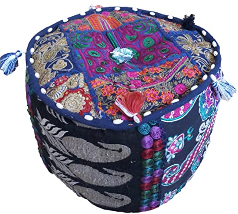 PUSHPACRAFTS Ottoman Pouf Indian Bohemian Style Interior Decor Fußhocker Bodenkissen Indian Embroidered Pouf Puffe Patchwork Chair Dark Blue