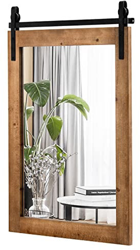 COSTWAY Decorative Rustic Wall Mirror, Rectangle Barn Door Hanging Vanity Mirror, Farmhouse Solid Wood Frame Wall Mounted Mirror for Bathroom, Living Room, Bedroom and Hallway (Rustic Brown, 76x55cm)