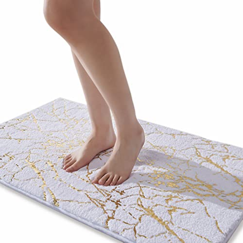 QJHOMO Badematte rutschfest waschbar Badvorleger, Weiss Badezimmerteppich, Gold dekorativer Teppich Luxus Bad Accessoires, weich Mikrofaser saugstark Badteppich für Badezimmer Badewanne, 60 x 120 cm