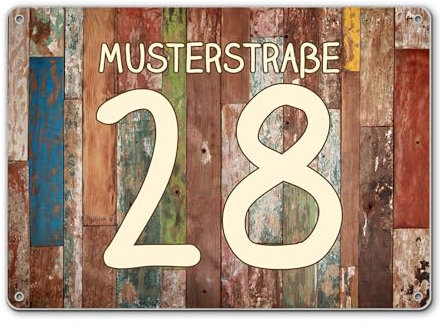 banjado® Hausnummernschild personalisierbar Motiv Buntes Holz - Hausschild personalisiert Draußen mit Straßennamen möglich - Hausnummernschild Edelstahl versch. Motive - inkl. Montagematerial