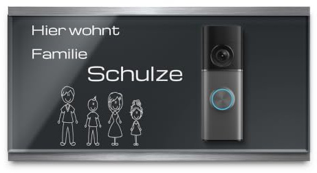 Hochwertiges Türschild für Ring Doorbell & andere Funkklingeln aus Edelstahl und Acrylglas - Kompatibel mit vielen Video und Funk Klingel Modellen - Individualisierbar - einfache Montage