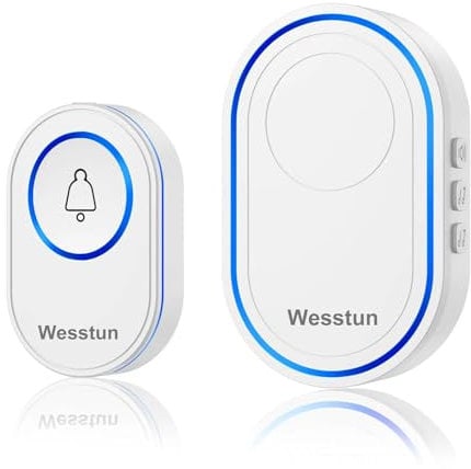 Wesstun Wireless Doorbell, Waterproof Door Bells Wireless Cordless Kits with 39 Loud Chimes & 5 Levels Volume Adjust, Doorbell Wireless Transmitter Battery Operated Easy Install at Home, White