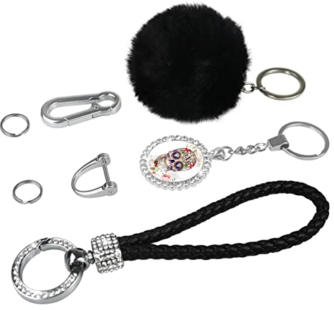 WOSHJIUK Schlüsselanhänger mit flauschigem Plüschball-Schlüsselanhänger,Blumenschädel und Blumen,Geldbörse Handtaschen Schlüsselanhänger Armband für Frauen