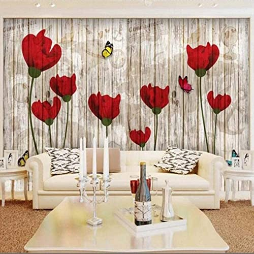 Tapete Fototapete Wandbild Rote Blumen Und Gelber Schmetterling Selbstklebende, Entfernbare Peel & Stick-Wanddekoration, Heimwerker-Wandtattoo, Wandposter, Aufkleber Für 400 (Breite) x 280 (Höhe) cm