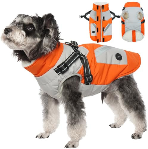 Hundemantel Winter, Winterjacke Hund mit Geschirr Hunderegenmantel Winter Hundepullover Fleece Hundemantel Wasserdicht Warm(Orange, M)