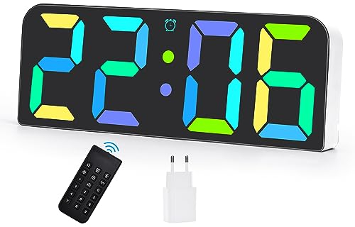 U-picks Wanduhr Digital Wecker Digital mit Adapter & Fernbedienung, Led Uhr Digital RGB Großes Zahlendisplay mit Einstellbare Helligkeit, DREI SäTze Wecker,Digitale Wanduhr Tischuhr für Home-Weiß